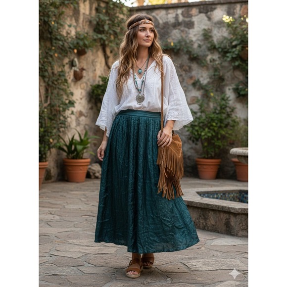 PASTA Dresses & Skirts - PASTA Teal Crinkle Maxi Skirt Boho Festival Flowy Size Medium